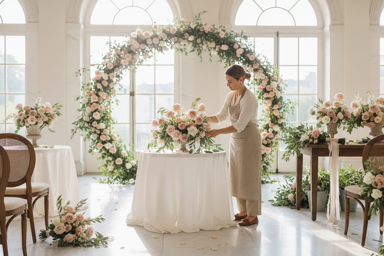 Un florista montando una boda